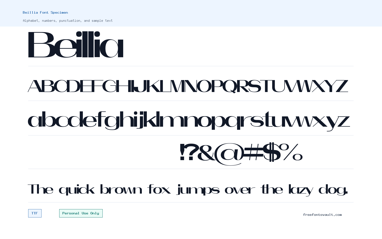 Beillia font specimen showing alphabet, numbers, and sample text