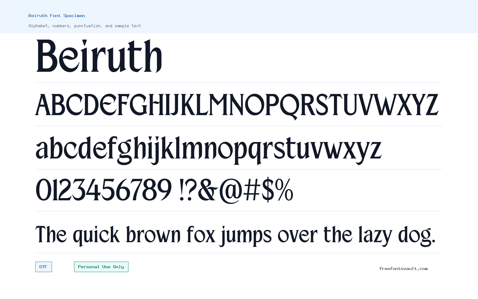 Beiruth font specimen showing alphabet, numbers, and sample text