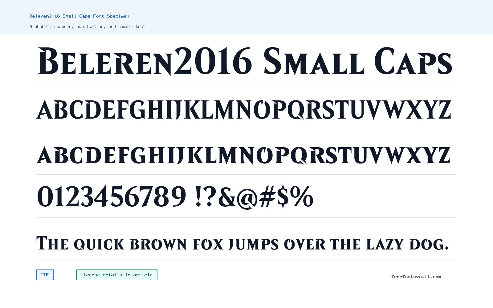 Beleren2016 Small Caps font specimen showing alphabet, numbers, and sample text