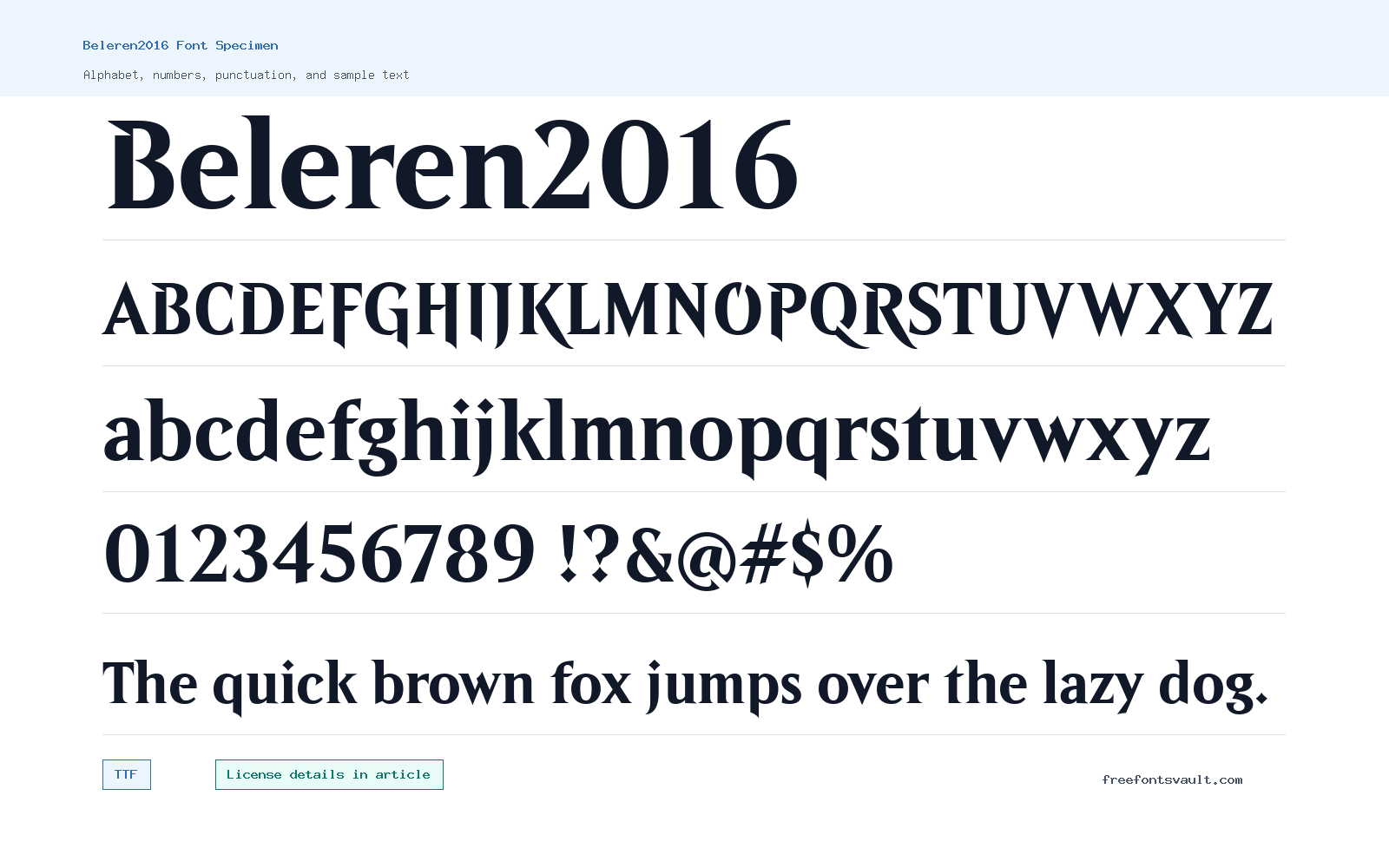 Beleren2016 font specimen showing alphabet, numbers, and sample text