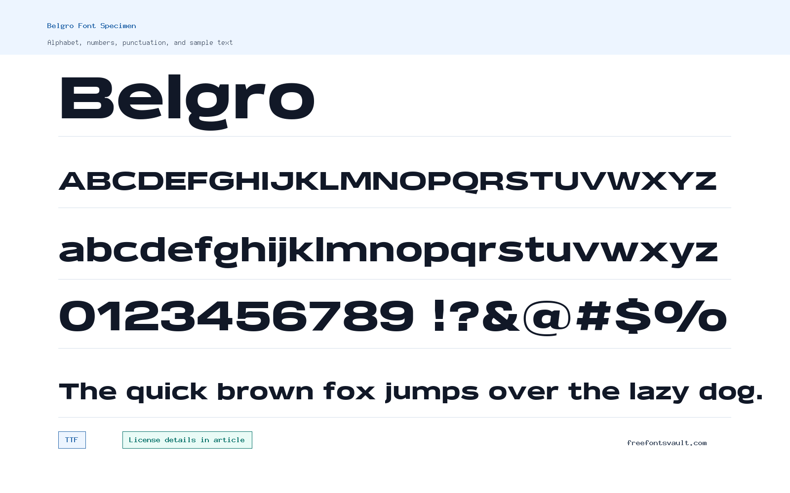 Belgro font specimen showing alphabet, numbers, and sample text