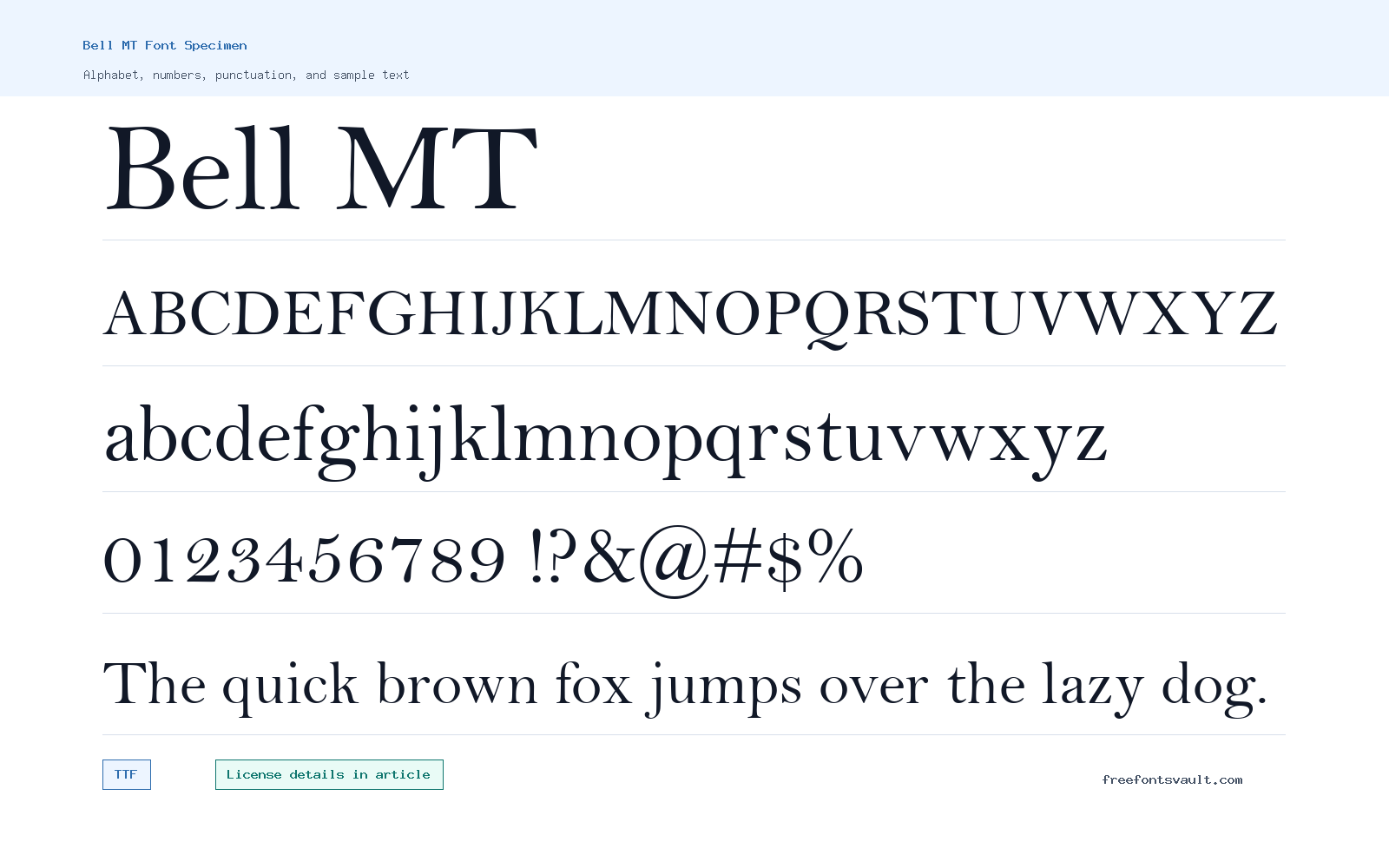 Bell MT font specimen showing alphabet, numbers, and sample text