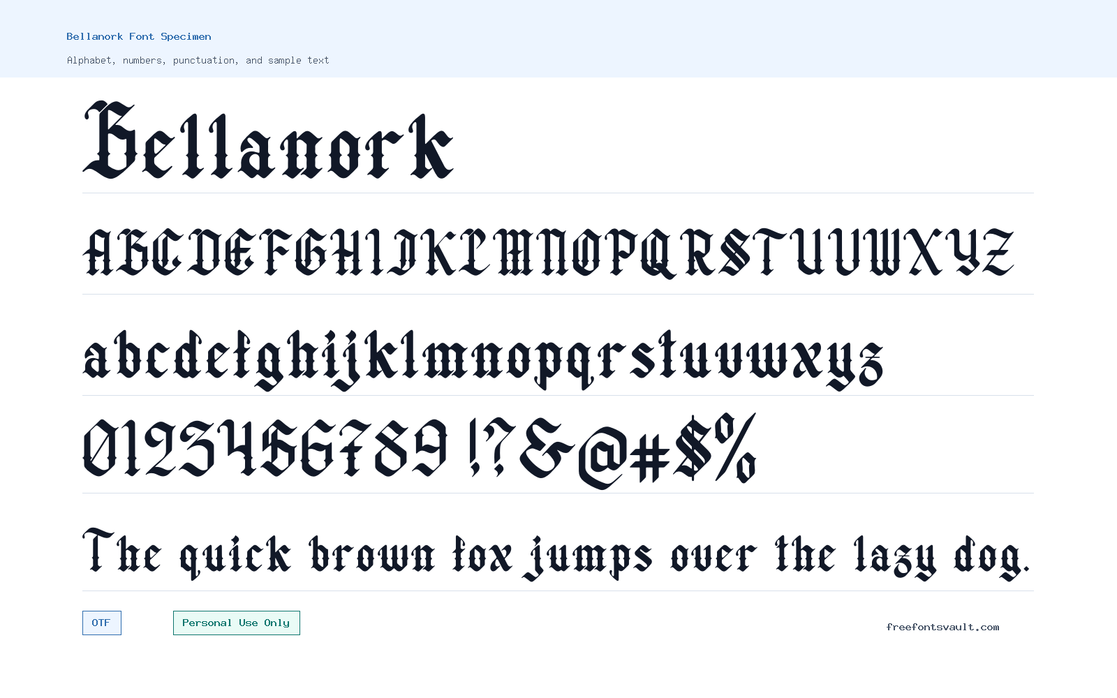 Bellanork font specimen showing alphabet, numbers, and sample text