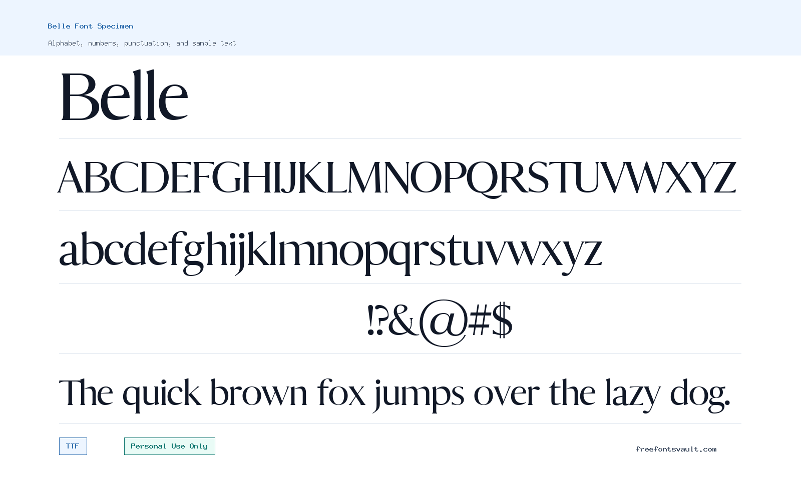 Belle font specimen showing alphabet, numbers, and sample text