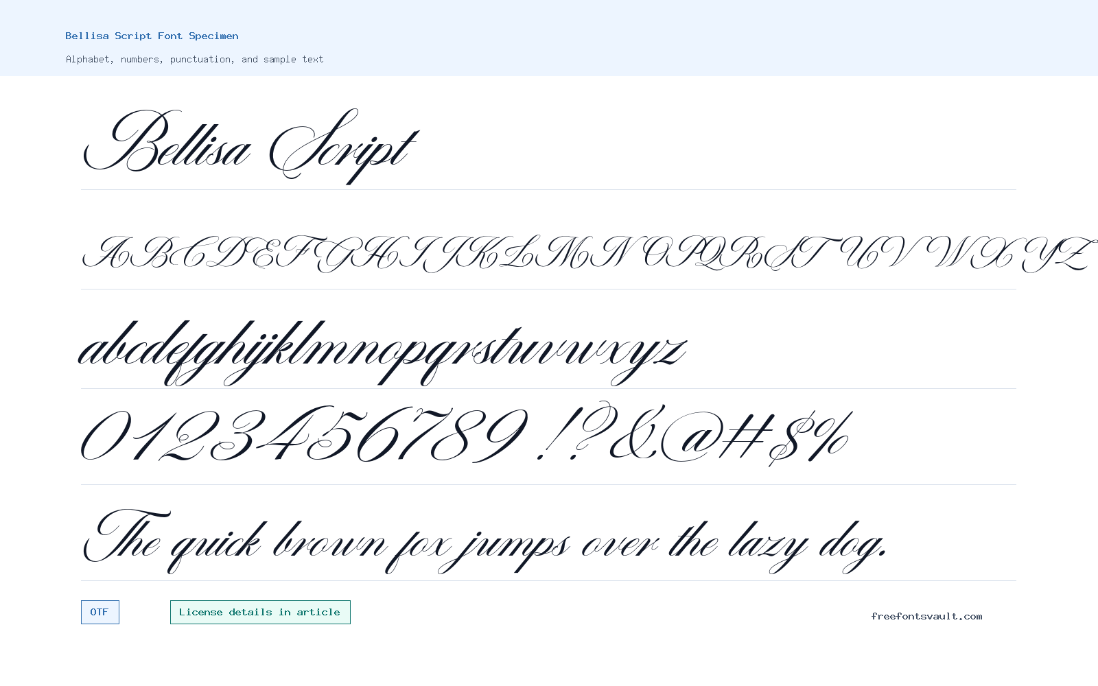 Bellisa Script font specimen showing alphabet, numbers, and sample text