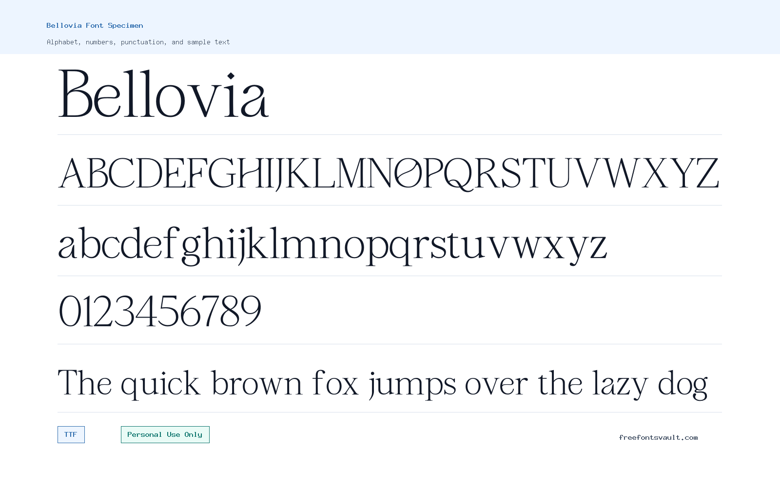 Bellovia font specimen showing alphabet, numbers, and sample text