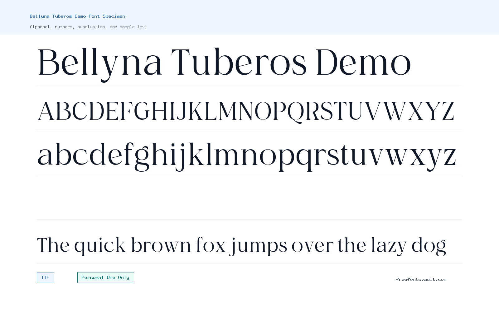 Bellyna Tuberos Demo font specimen showing alphabet, numbers, and sample text