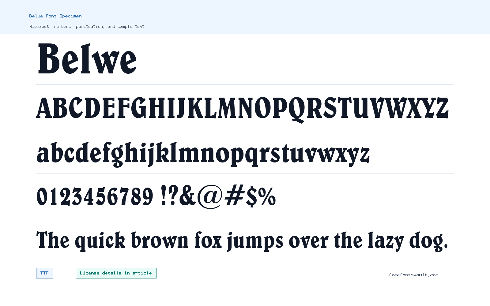 Belwe font specimen showing alphabet, numbers, and sample text