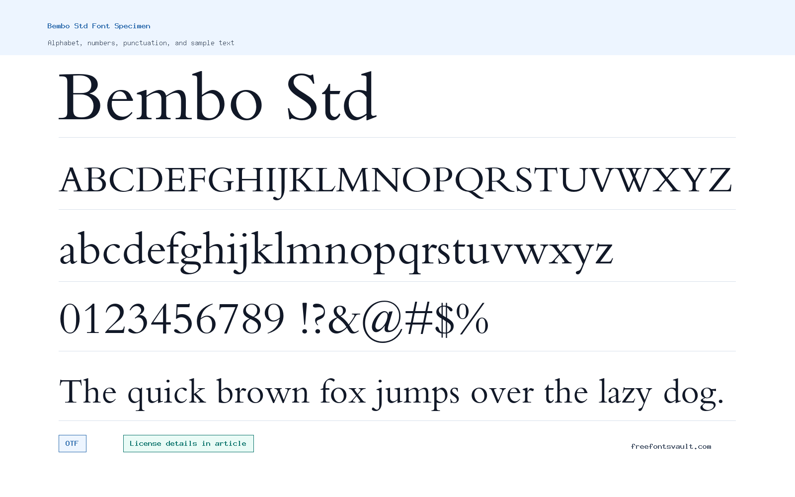 Bembo Std font specimen showing alphabet, numbers, and sample text
