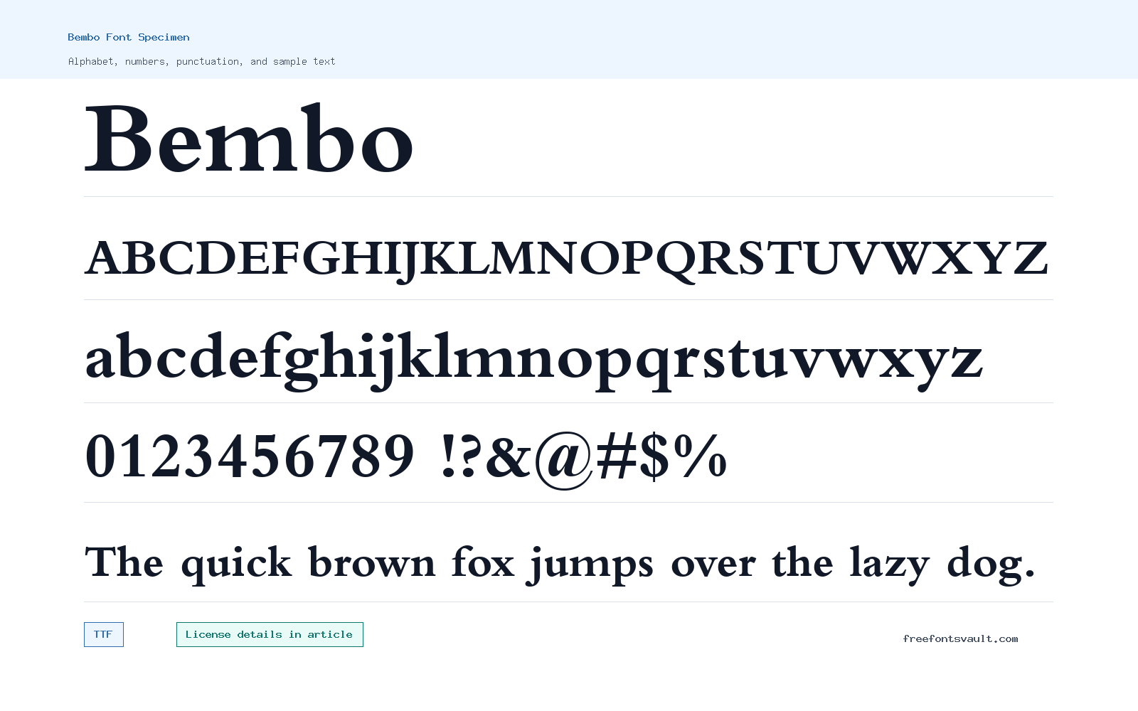 Bembo font specimen showing alphabet, numbers, and sample text