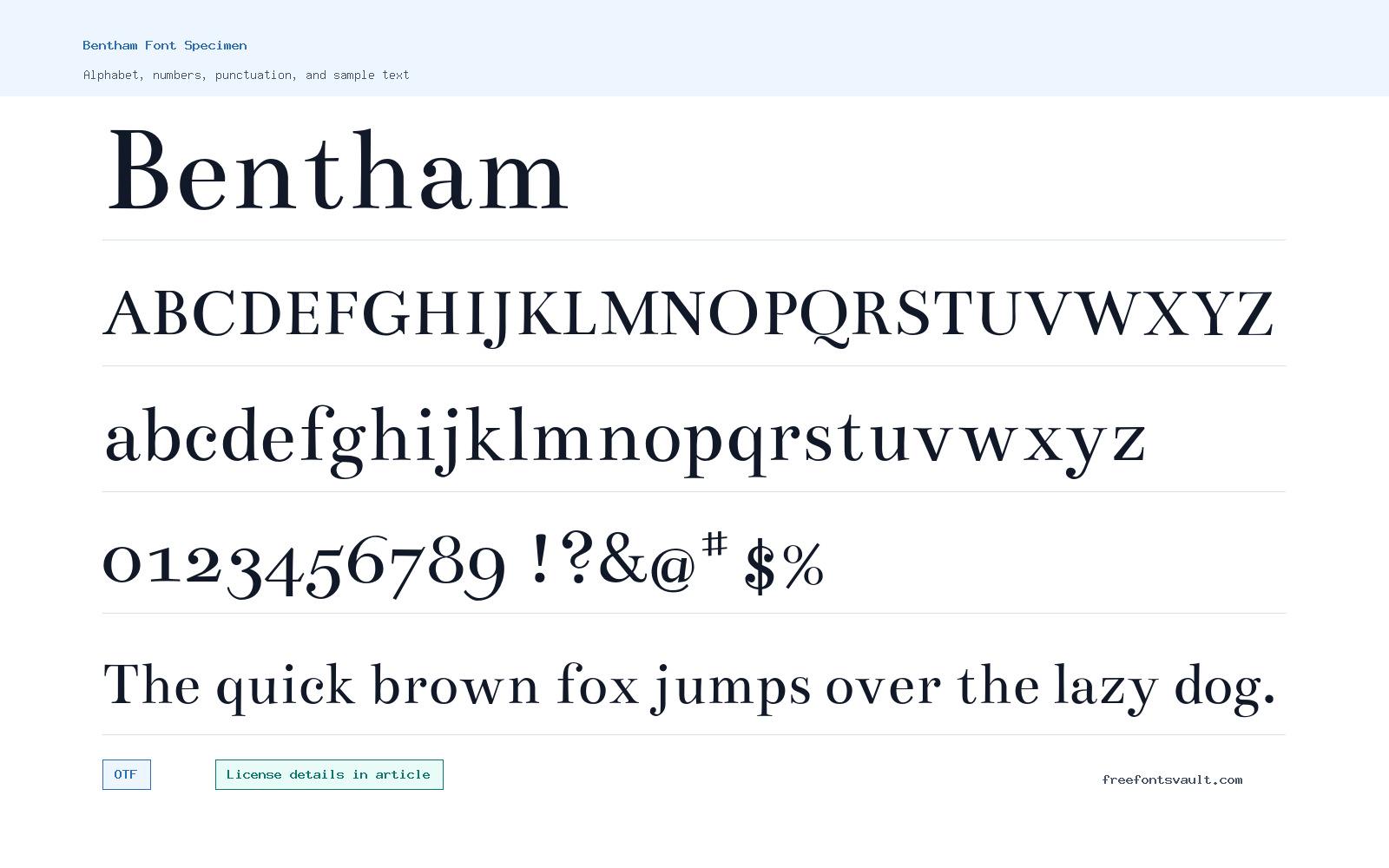 Bentham font specimen showing alphabet, numbers, and sample text