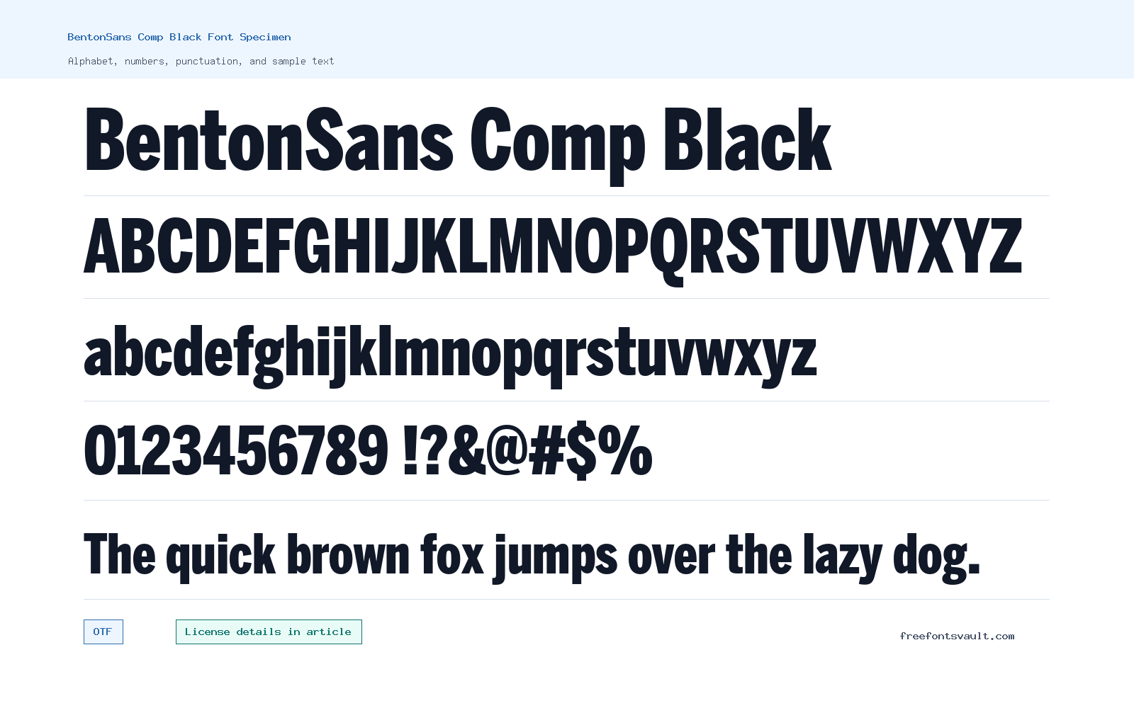 BentonSans Comp Black font specimen showing alphabet, numbers, and sample text