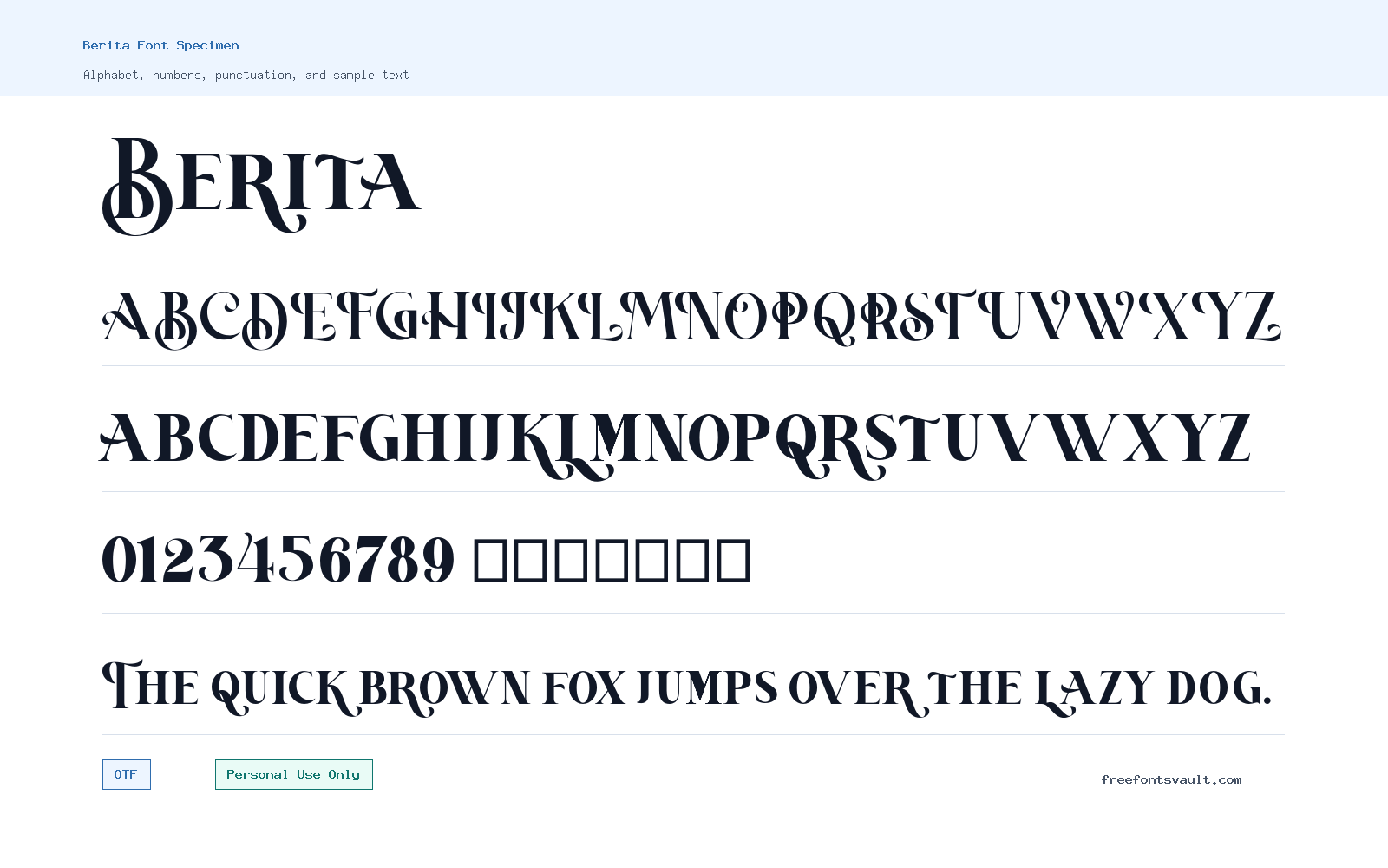 Berita font specimen showing alphabet, numbers, and sample text