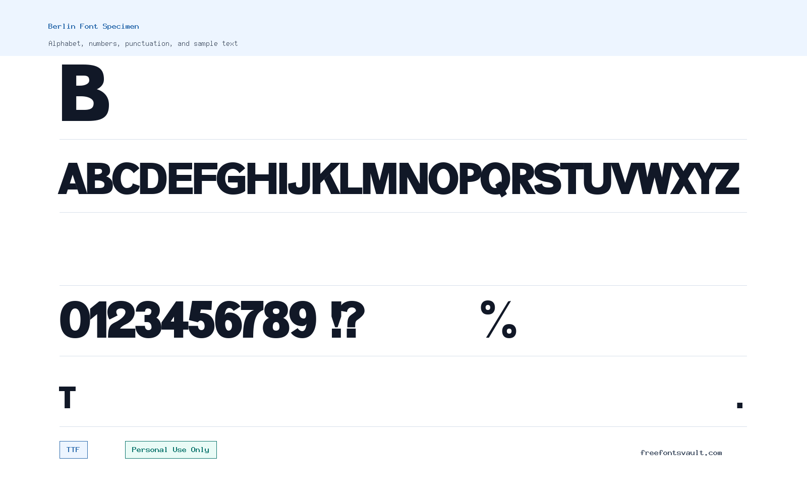 Berlin font specimen showing alphabet, numbers, and sample text