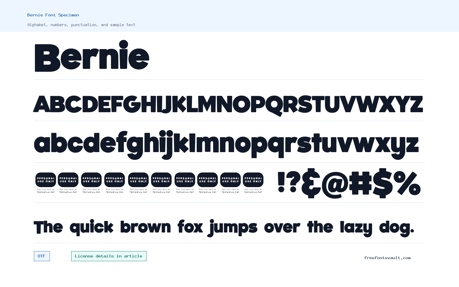 Bernie font specimen showing alphabet, numbers, and sample text
