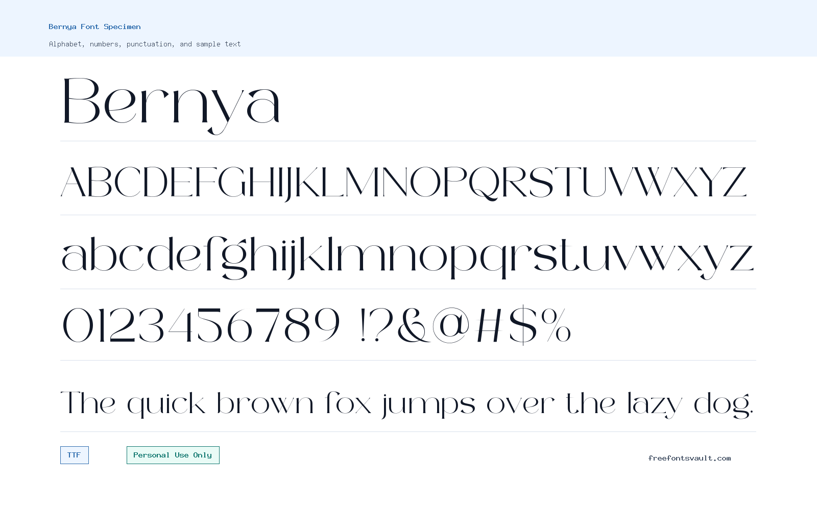 Bernya font specimen showing alphabet, numbers, and sample text