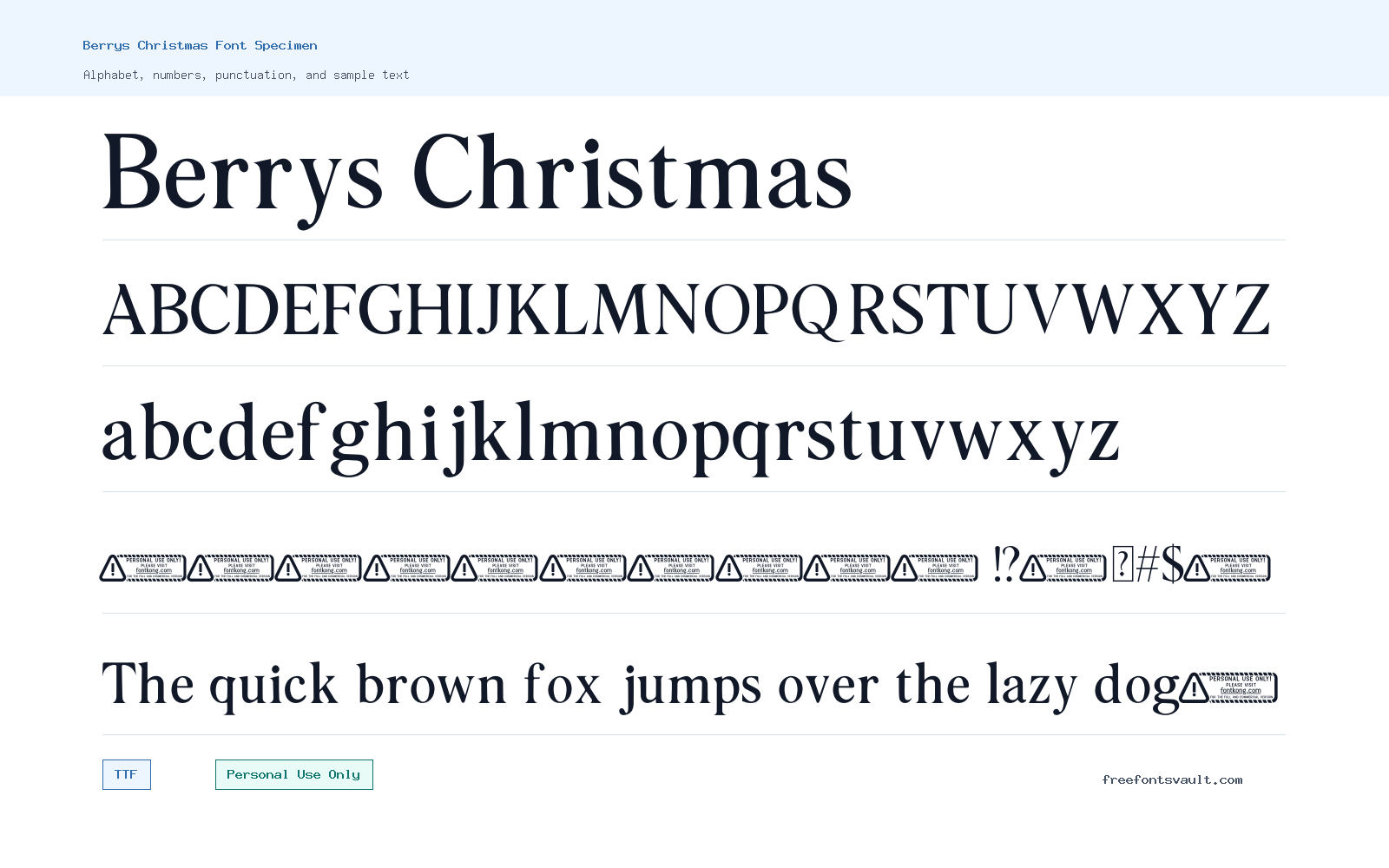 Berrys Christmas font specimen showing alphabet, numbers, and sample text
