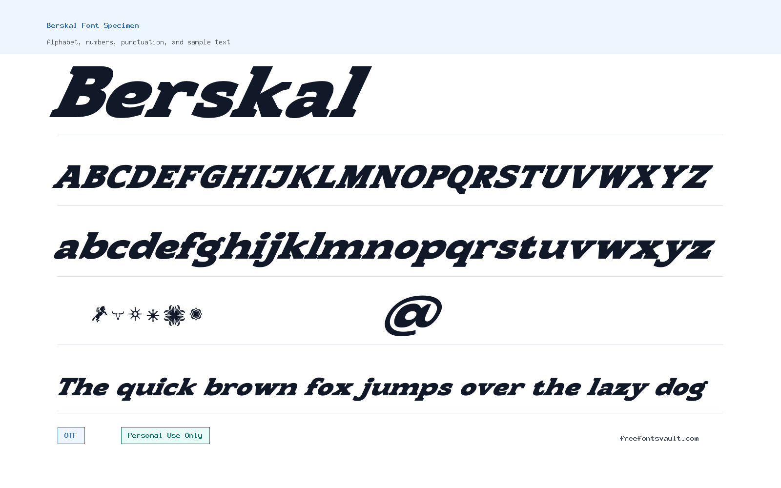 Berskal font specimen showing alphabet, numbers, and sample text