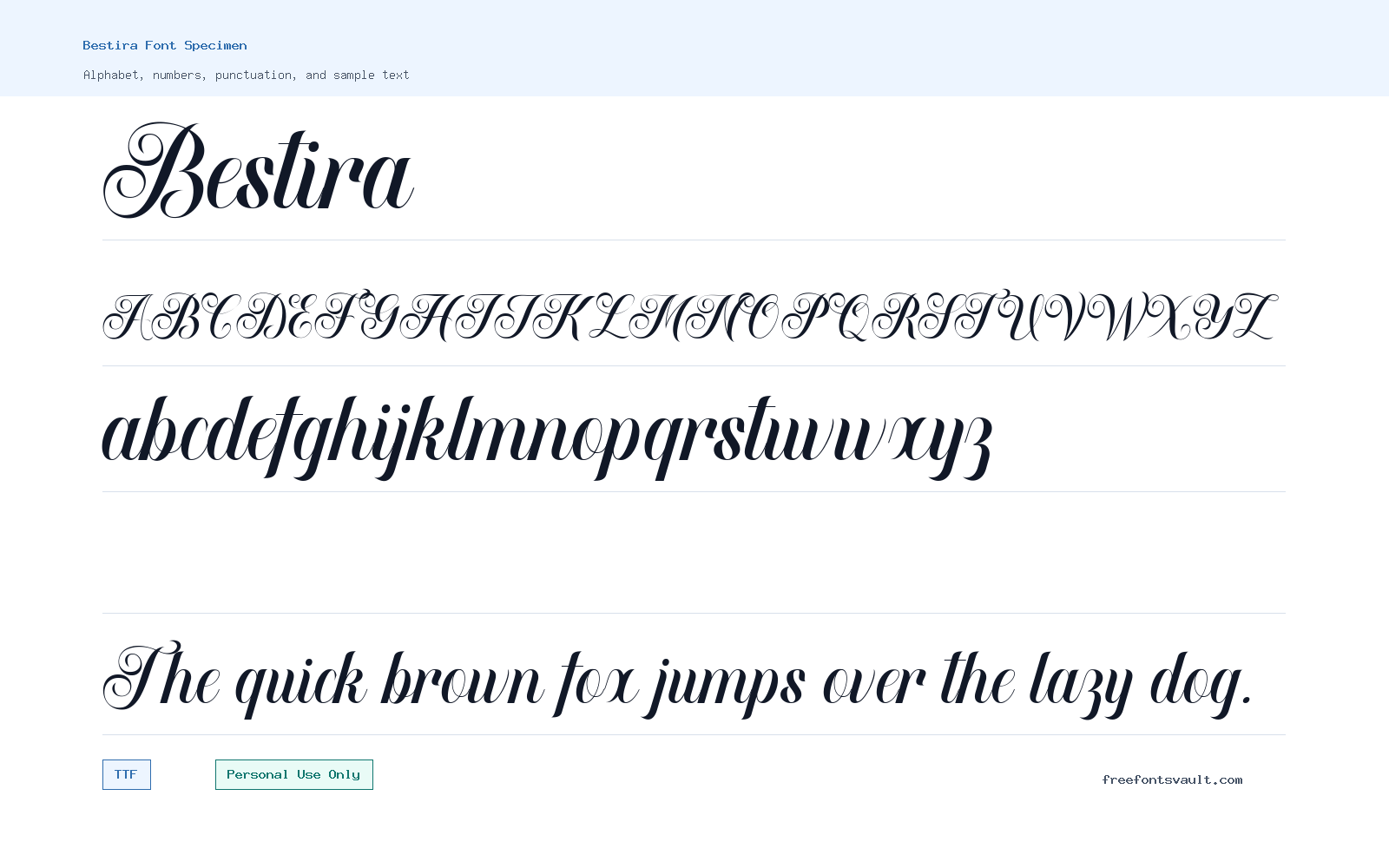Bestira font specimen showing alphabet, numbers, and sample text