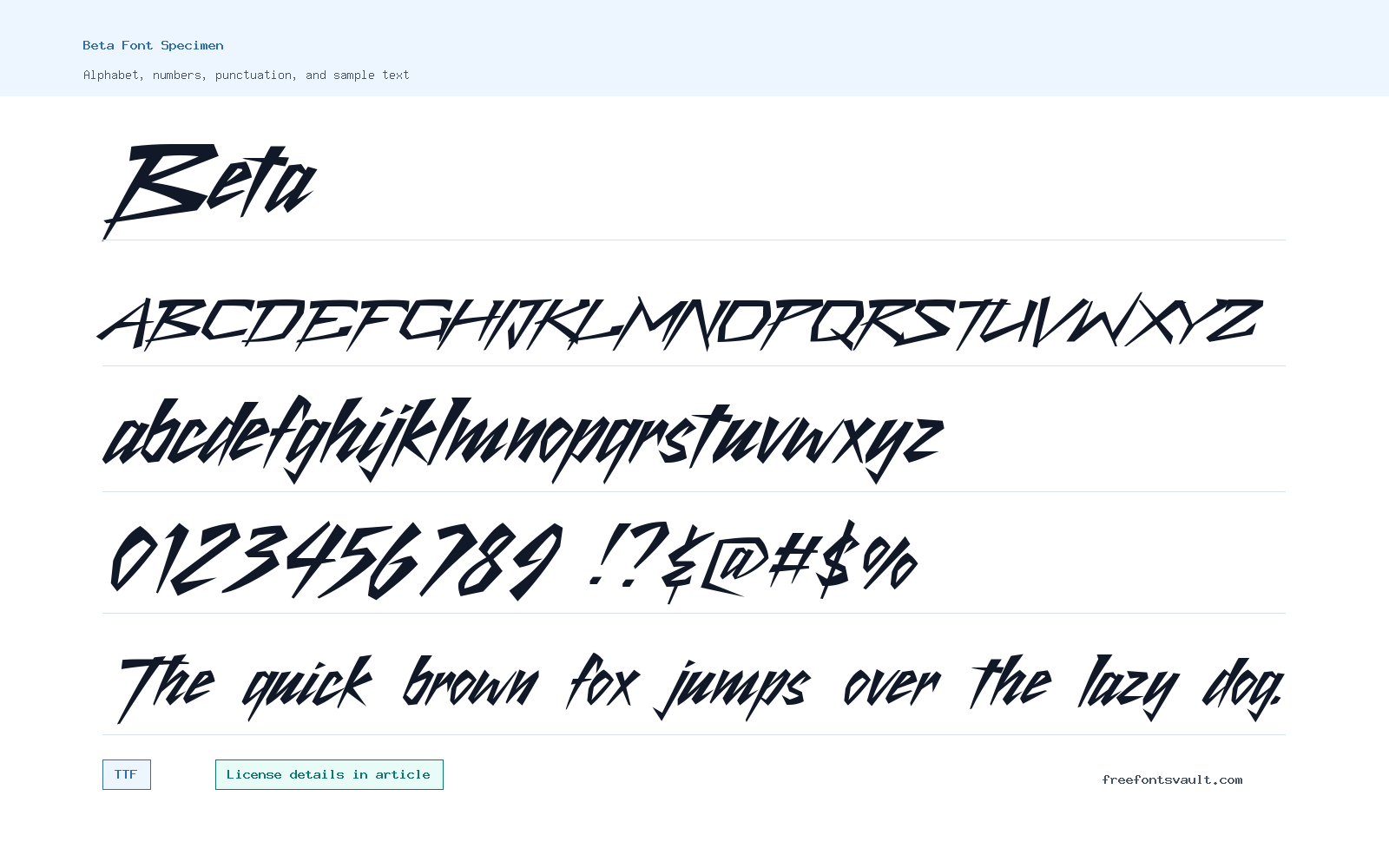 Beta font specimen showing alphabet, numbers, and sample text