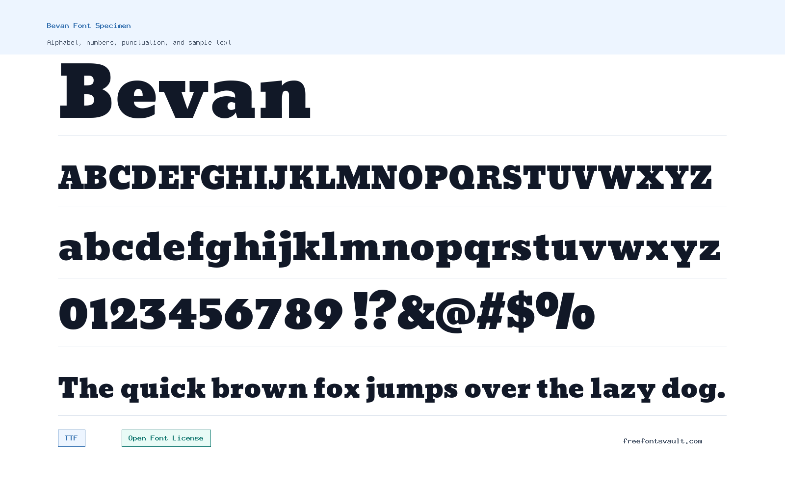 Bevan font specimen showing alphabet, numbers, and sample text