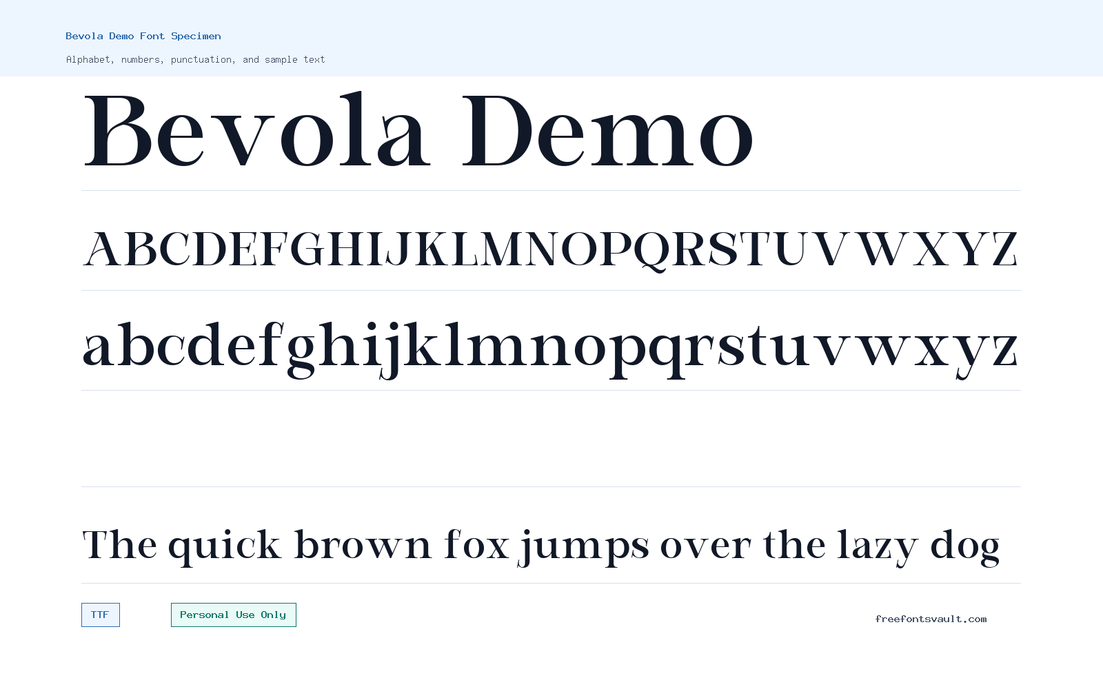 Bevola Demo font specimen showing alphabet, numbers, and sample text