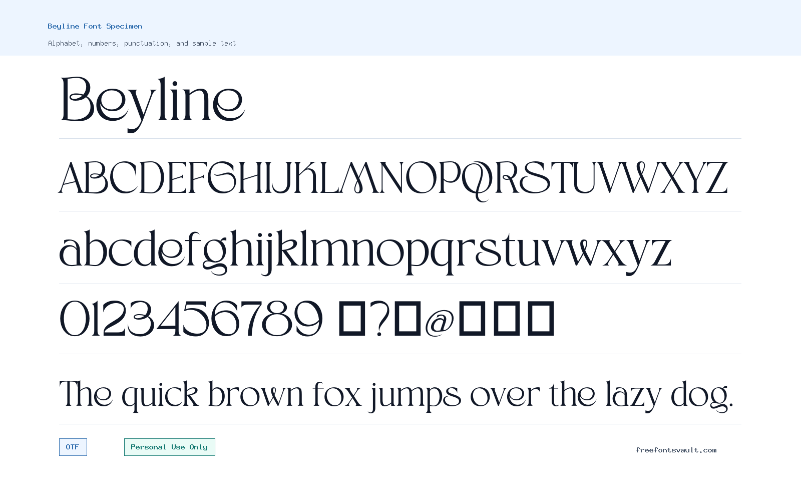 Beyline font specimen showing alphabet, numbers, and sample text