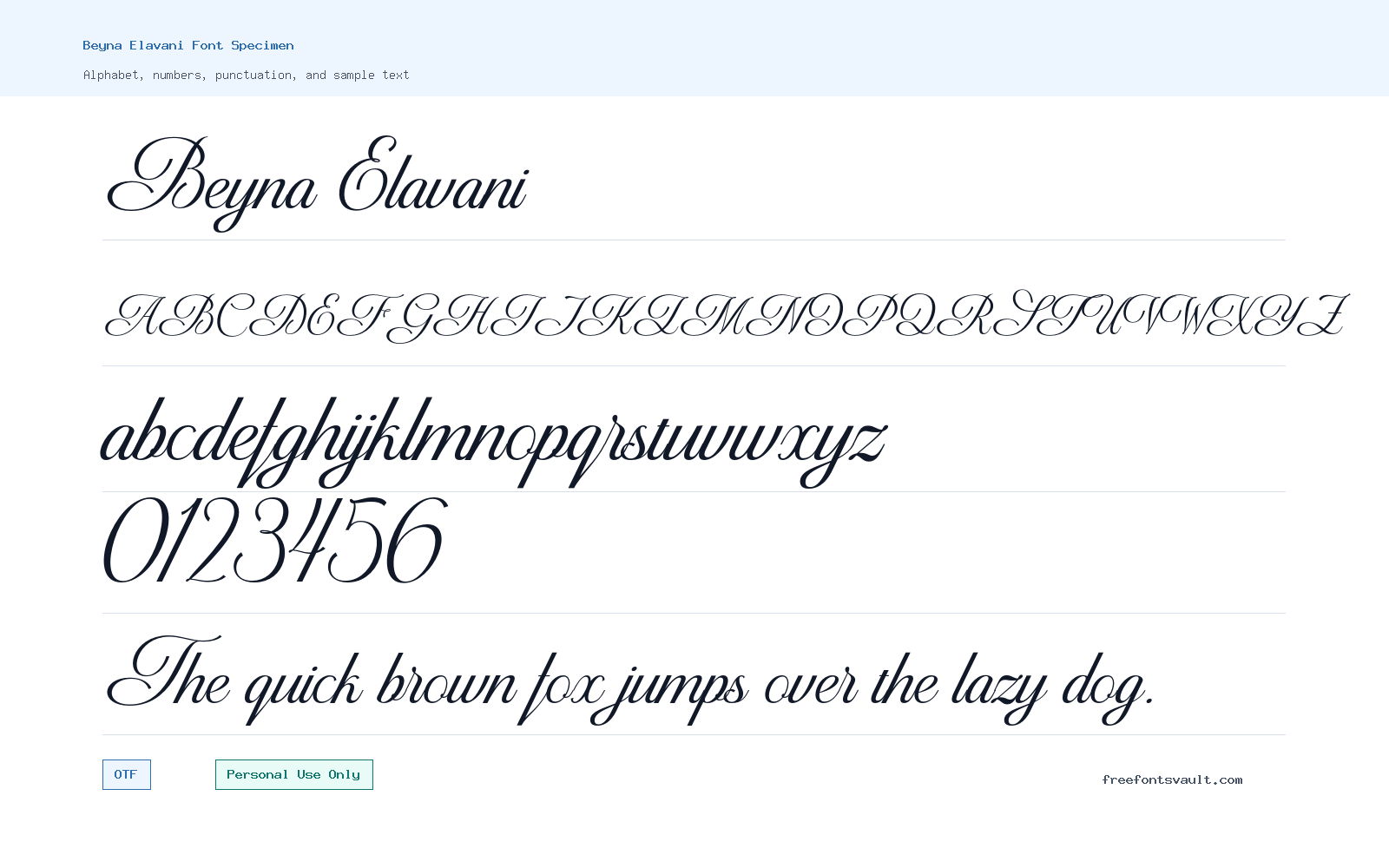 Beyna Elavani font specimen showing alphabet, numbers, and sample text