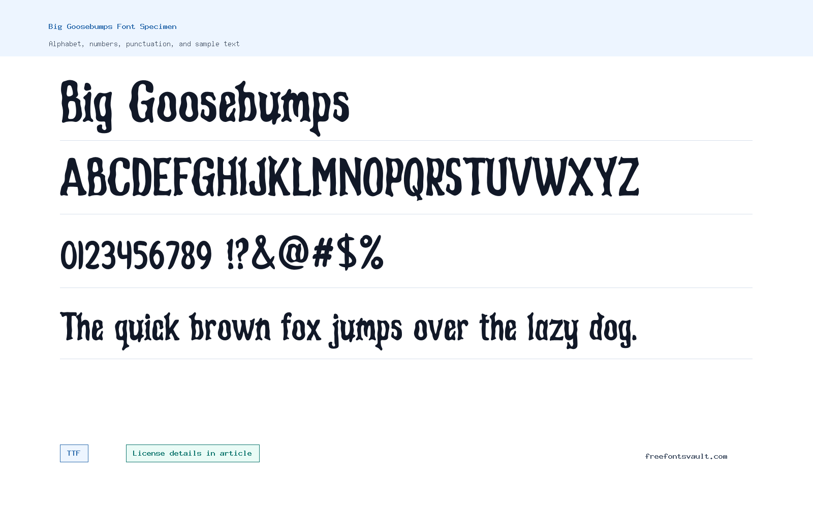 Big Goosebumps font specimen showing alphabet, numbers, and sample text