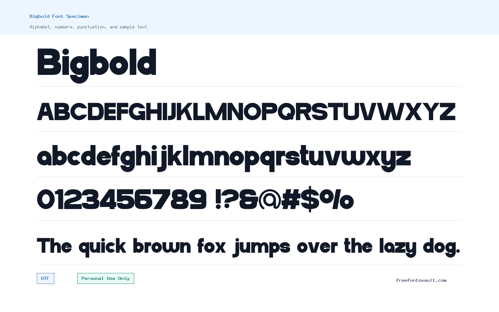 Bigbold font specimen showing alphabet, numbers, and sample text