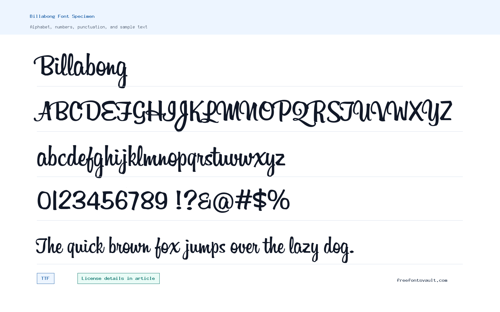 Billabong font specimen showing alphabet, numbers, and sample text