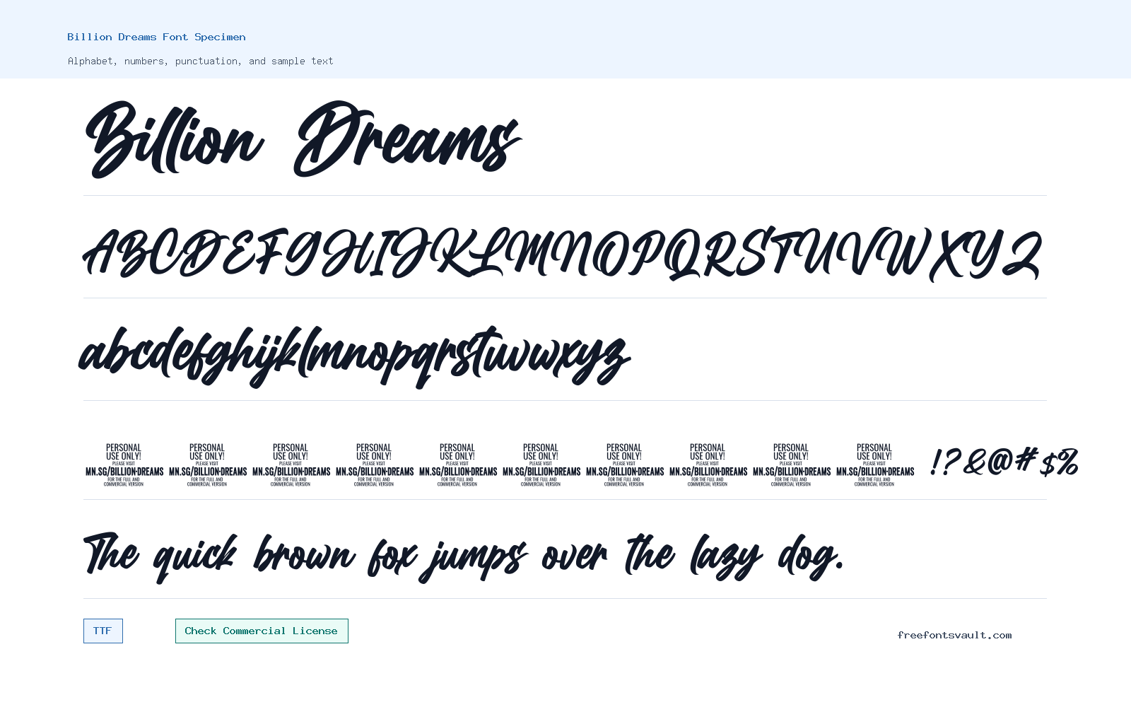 Billion Dreams font specimen showing alphabet, numbers, and sample text