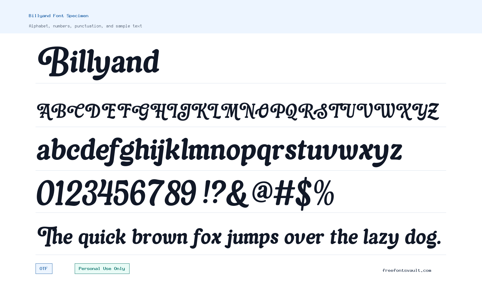 Billyand font specimen showing alphabet, numbers, and sample text