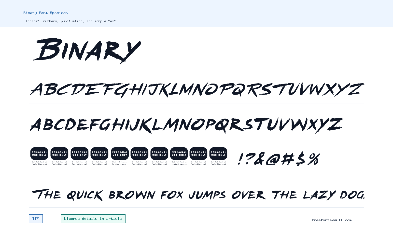 Binary font specimen showing alphabet, numbers, and sample text