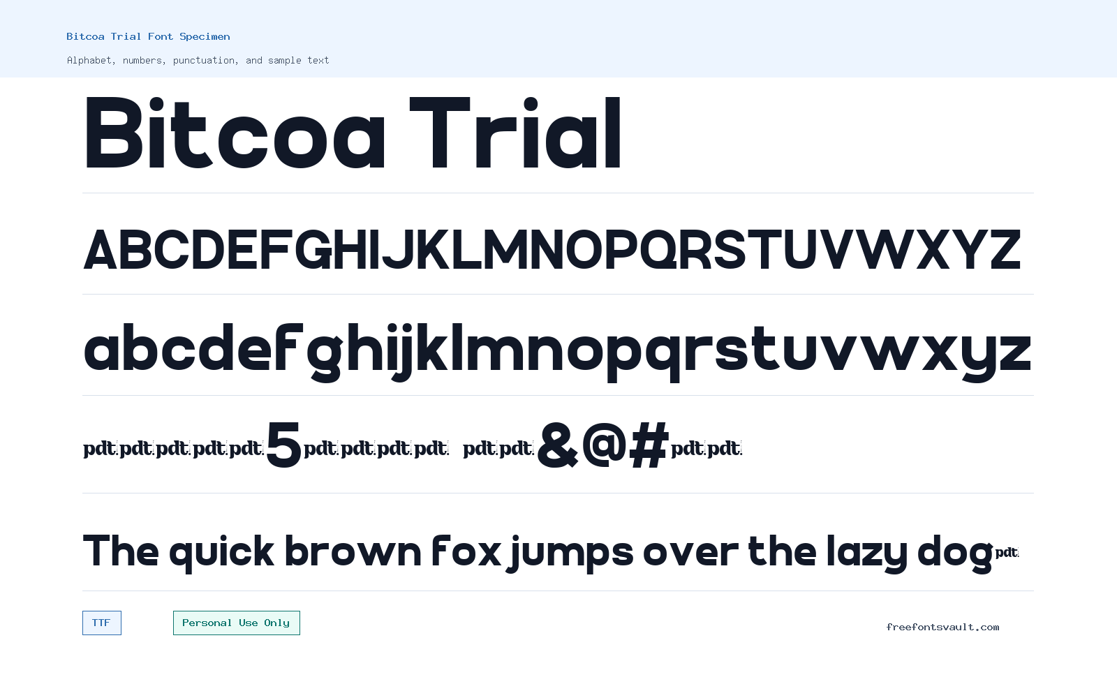 Bitcoa Trial font specimen showing alphabet, numbers, and sample text