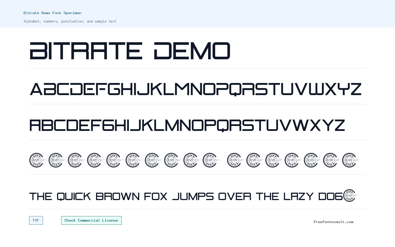 Bitrate Demo font specimen showing alphabet, numbers, and sample text