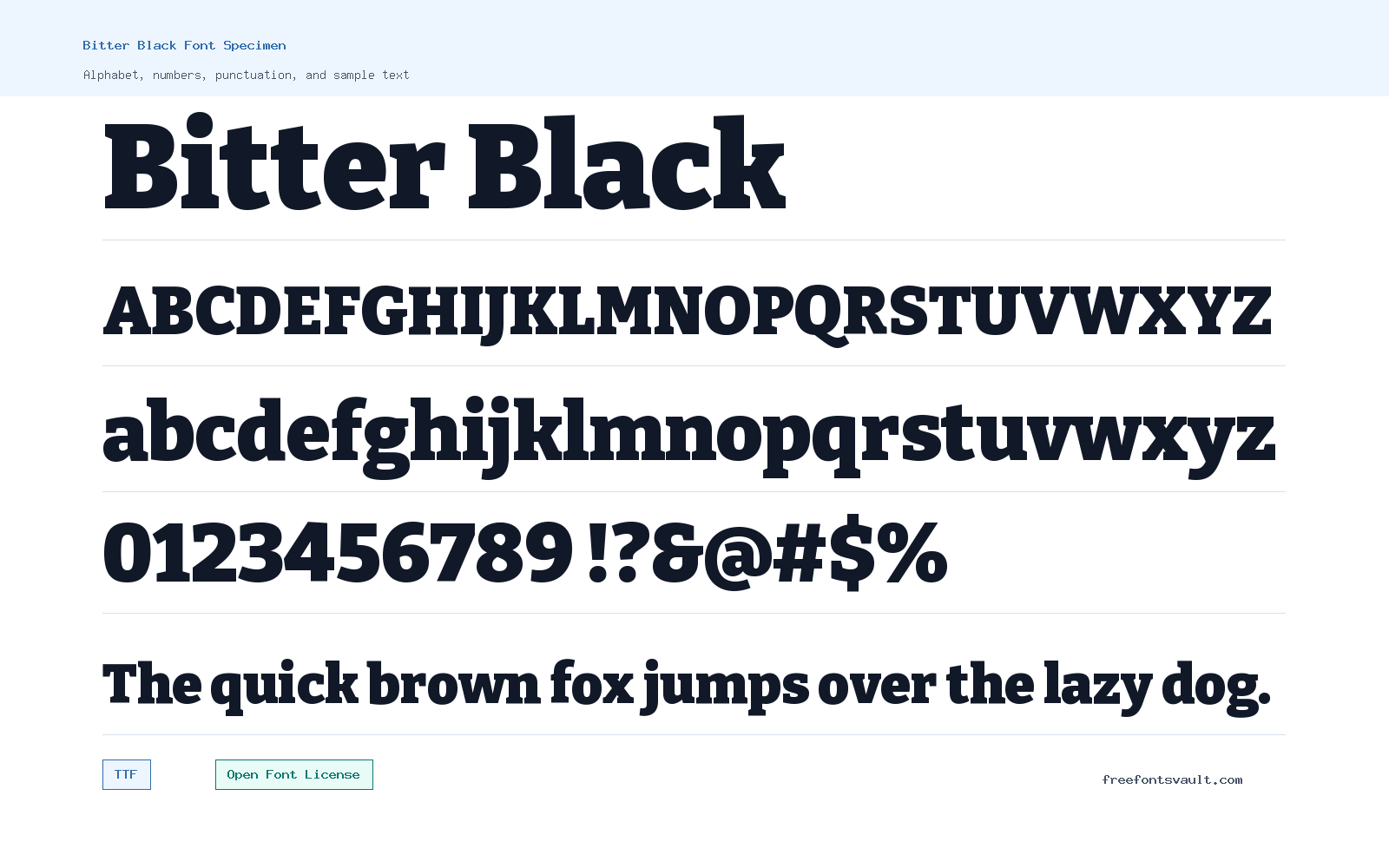 Bitter Black font specimen showing alphabet, numbers, and sample text
