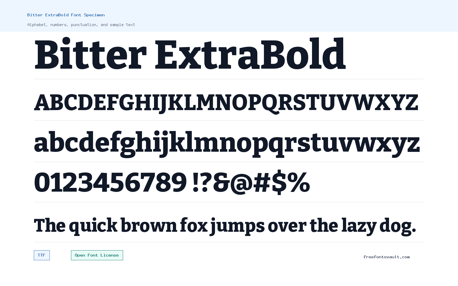 Bitter ExtraBold font specimen showing alphabet, numbers, and sample text