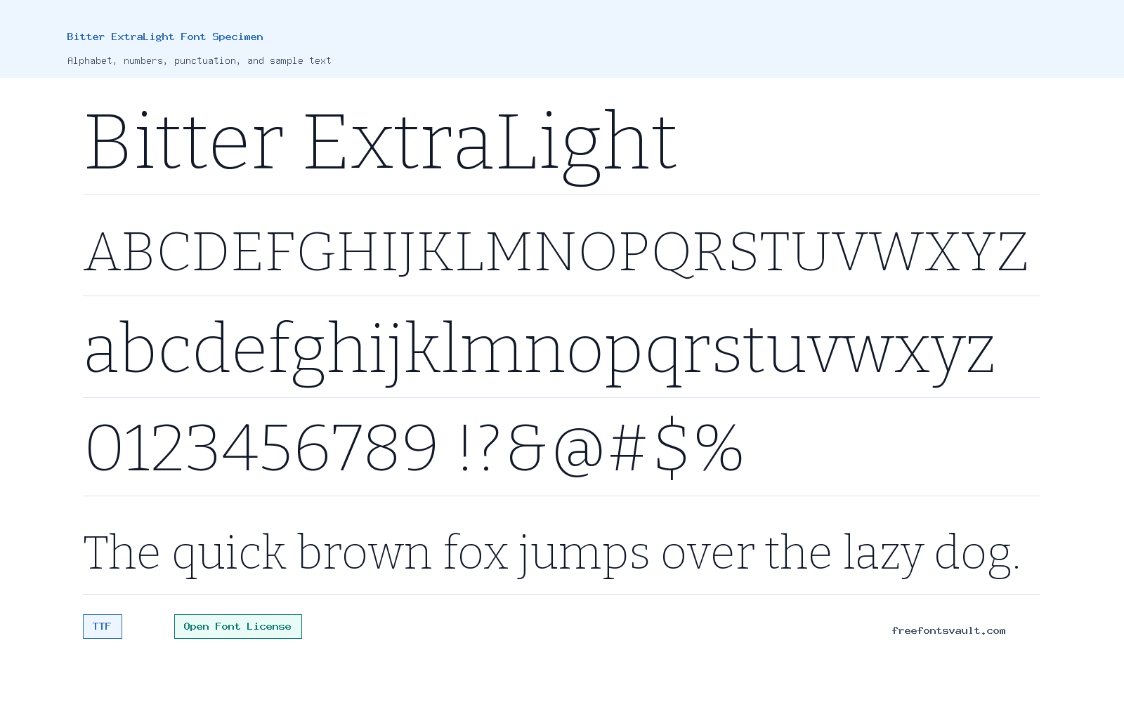 Bitter ExtraLight font specimen showing alphabet, numbers, and sample text