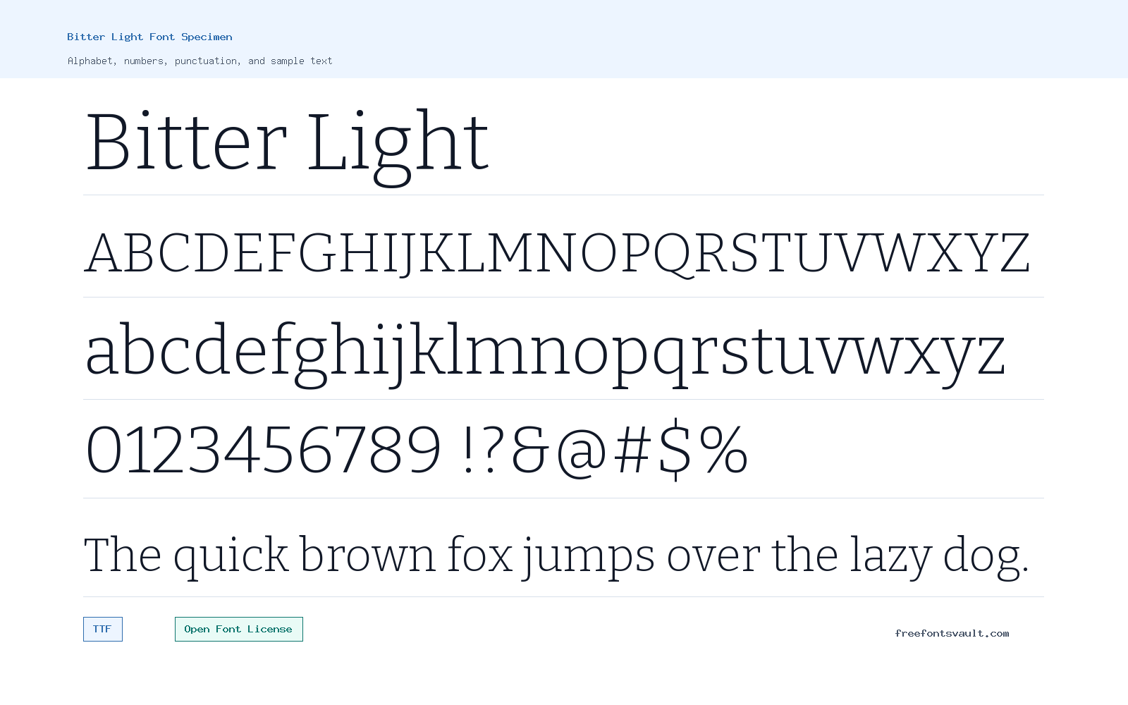 Bitter Light font specimen showing alphabet, numbers, and sample text
