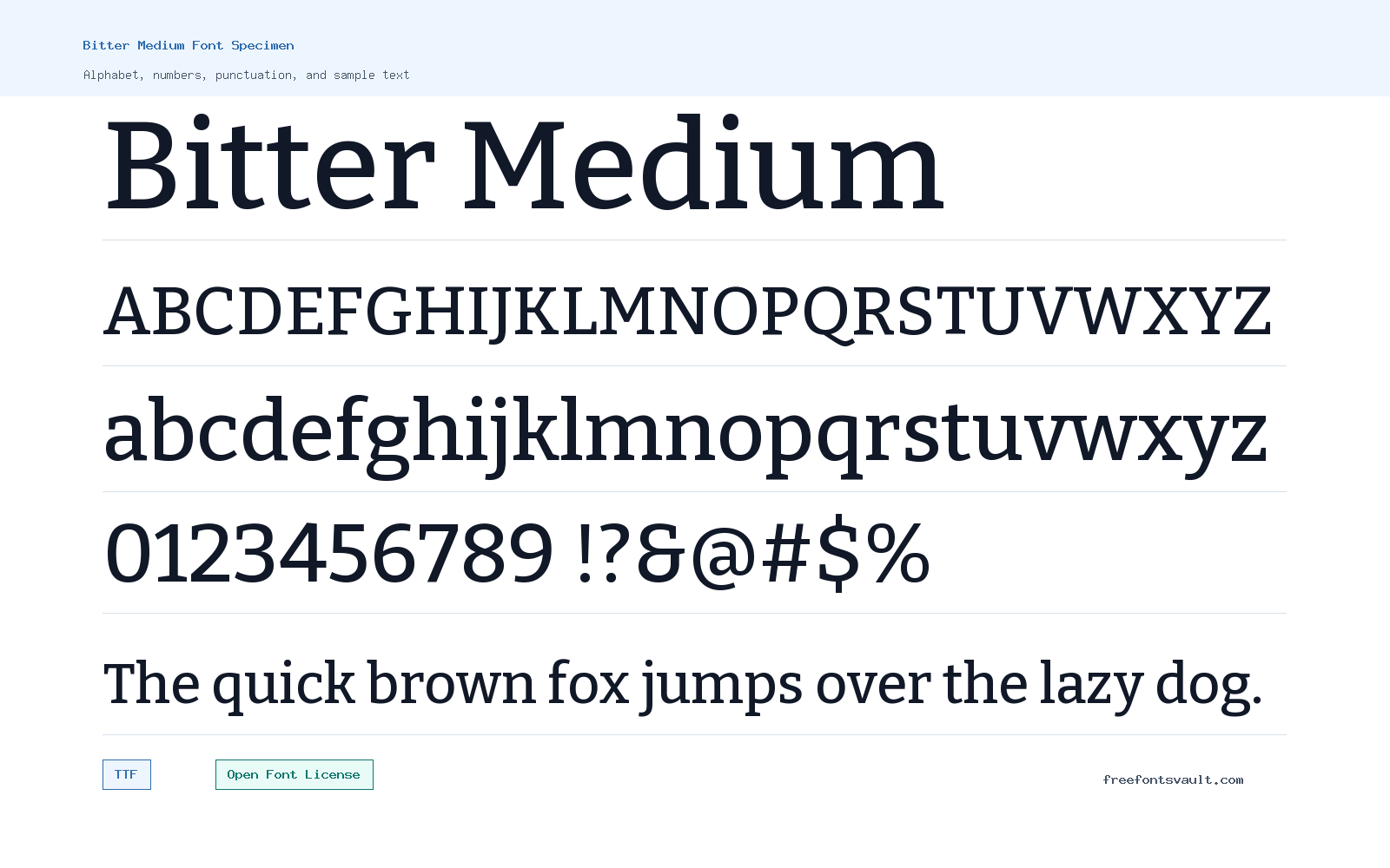 Bitter Medium font specimen showing alphabet, numbers, and sample text