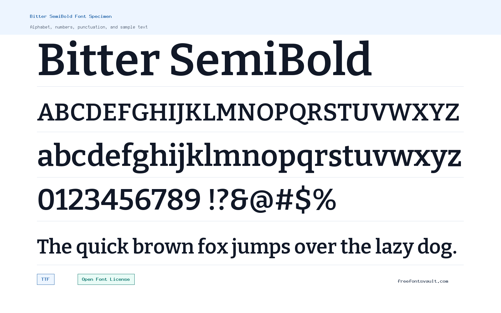 Bitter SemiBold font specimen showing alphabet, numbers, and sample text