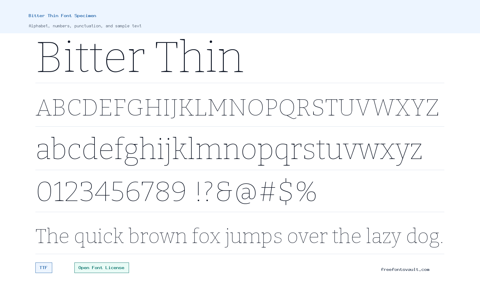 Bitter Thin font specimen showing alphabet, numbers, and sample text