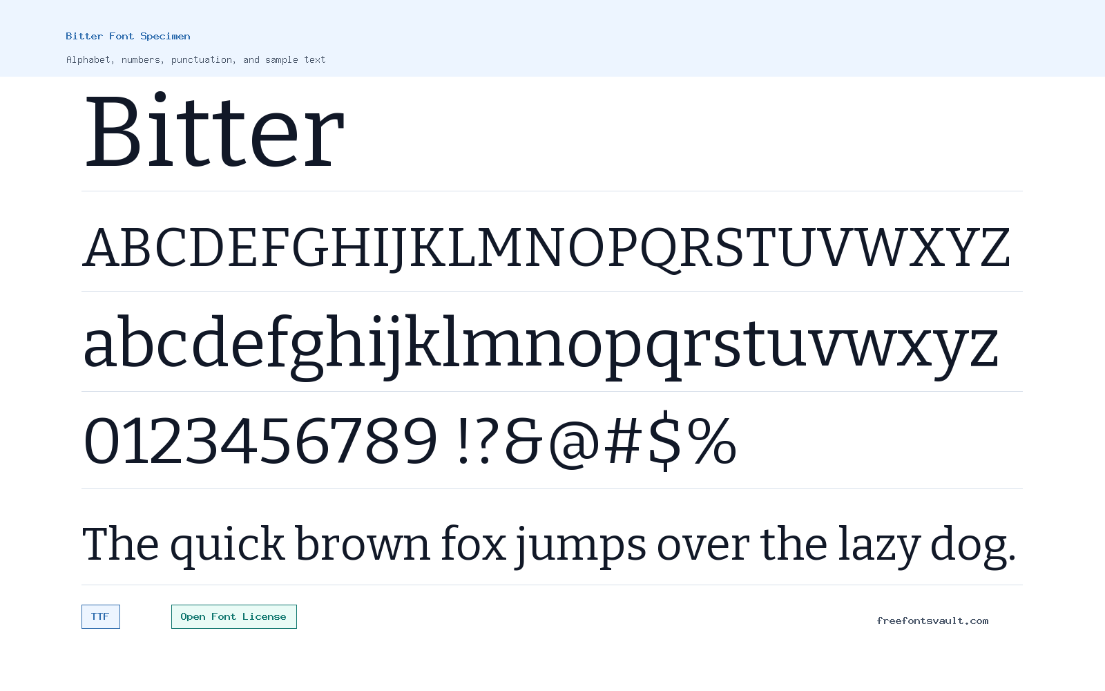 Bitter font specimen showing alphabet, numbers, and sample text