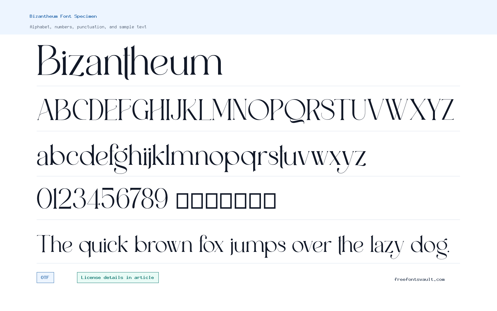 Bizantheum font specimen showing alphabet, numbers, and sample text