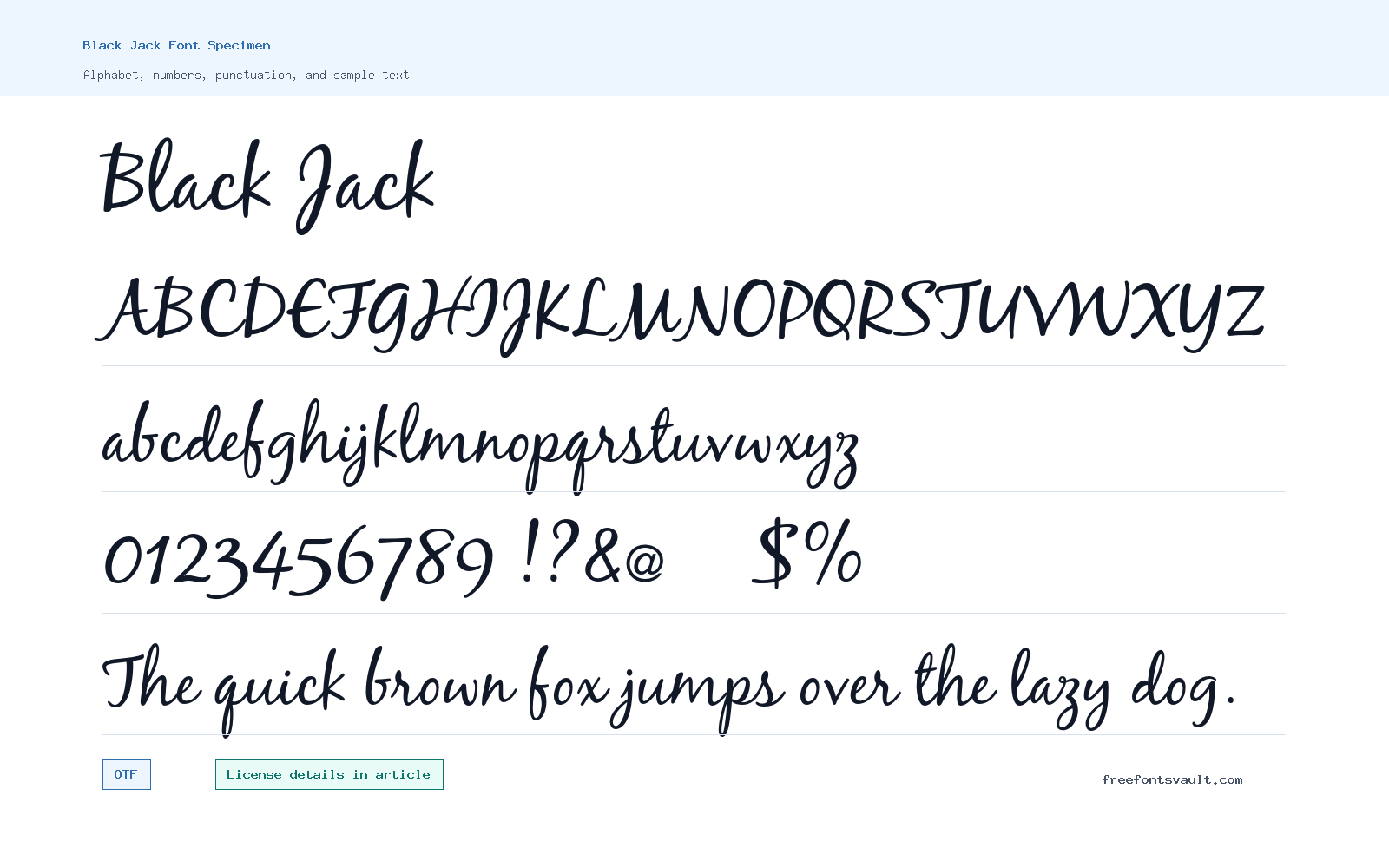 Black Jack font specimen showing alphabet, numbers, and sample text