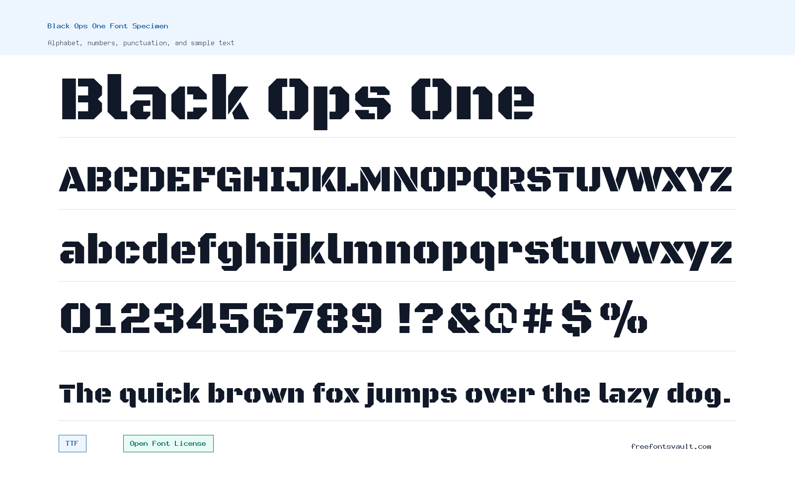 Black Ops One font specimen showing alphabet, numbers, and sample text