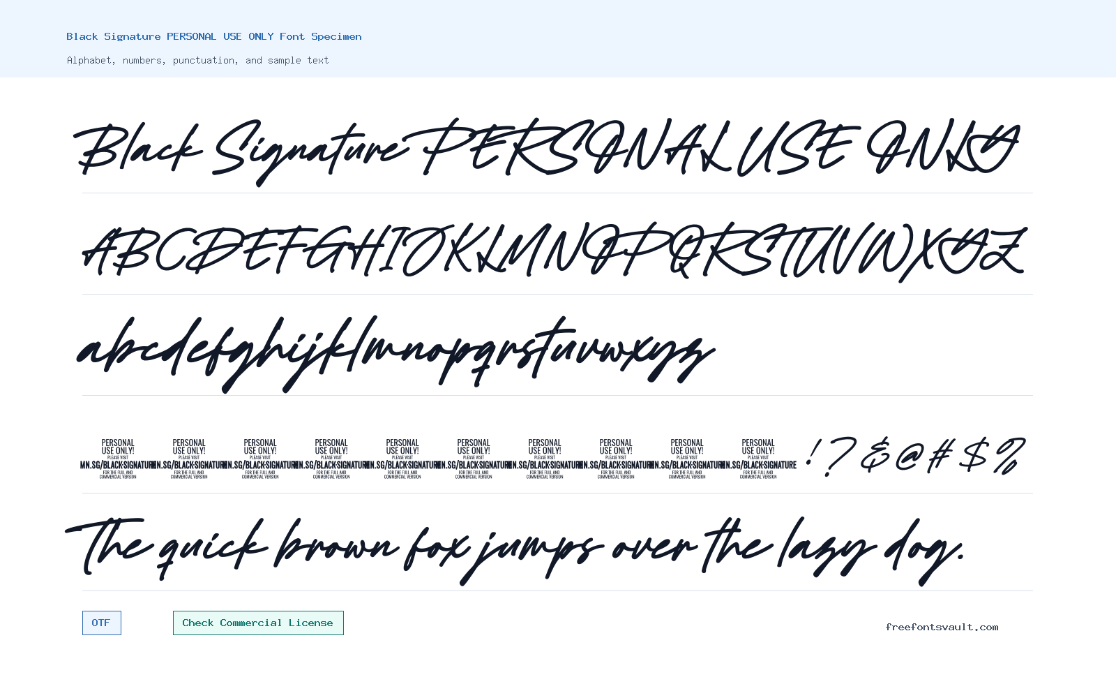 Black Signature PERSONAL USE ONLY font specimen showing alphabet, numbers, and sample text