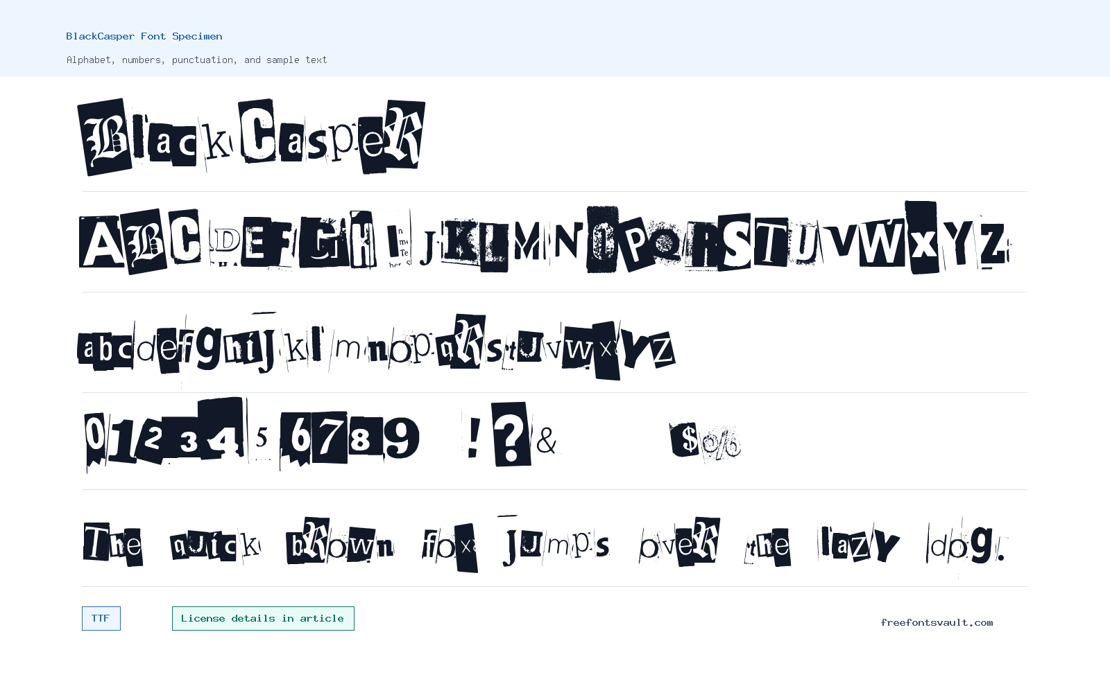 BlackCasper font specimen showing alphabet, numbers, and sample text