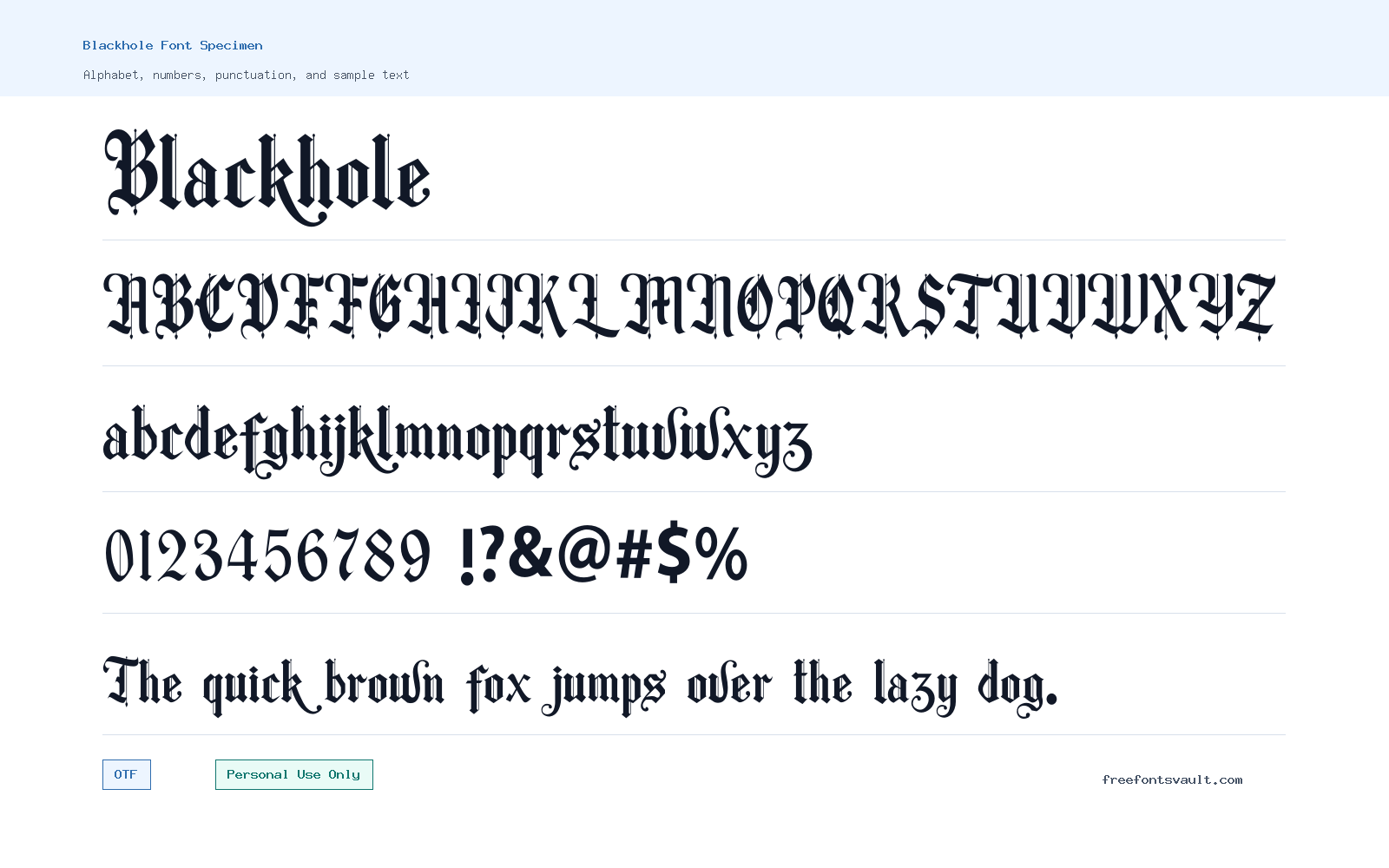Blackhole font specimen showing alphabet, numbers, and sample text